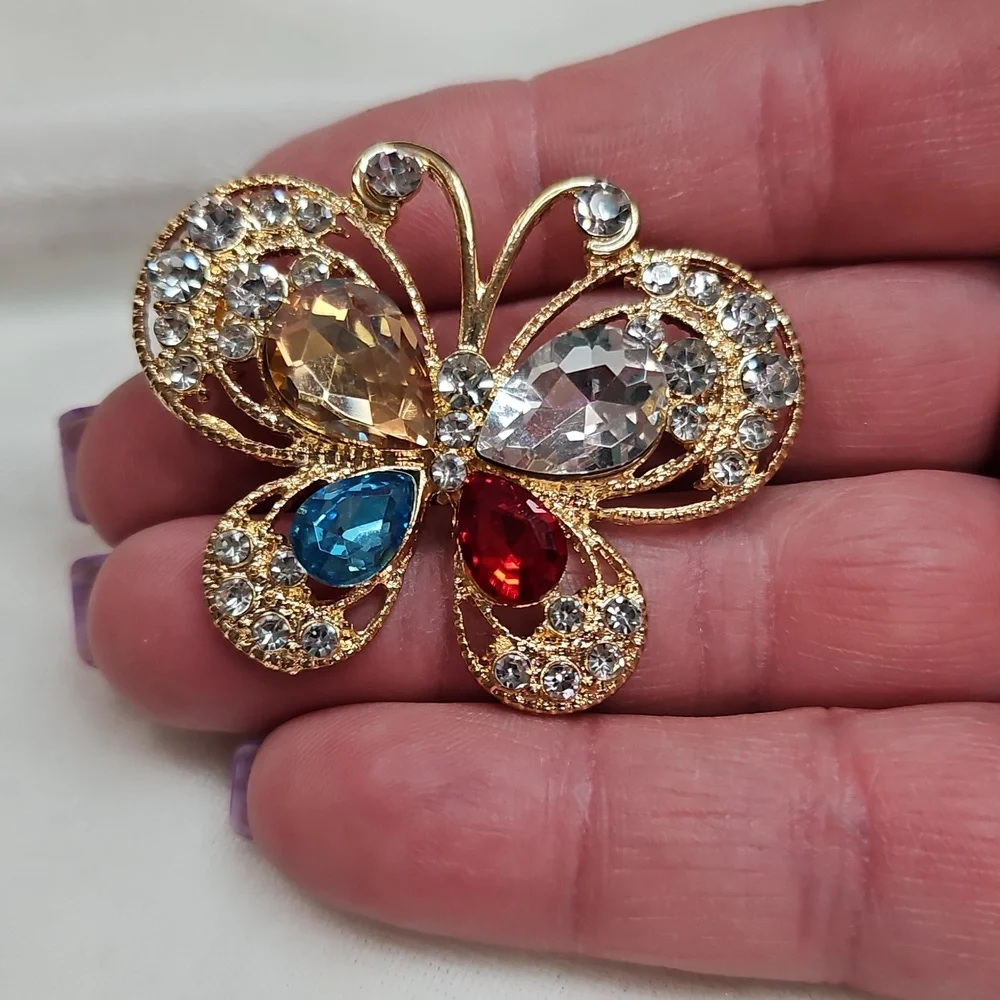 Women's Gold Tone Colorful Crystal Butterfly Brooch Retro Style Pin Rhinestones